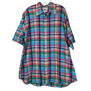 XL J. Press Short Sleeve Cotton Madras Button Shirt Summer J Press Plaid Blues